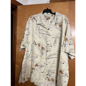Caribbean Silk Blend SS Button Up Hawaiian Shirt Beige Parrot Cocktails Mens XL